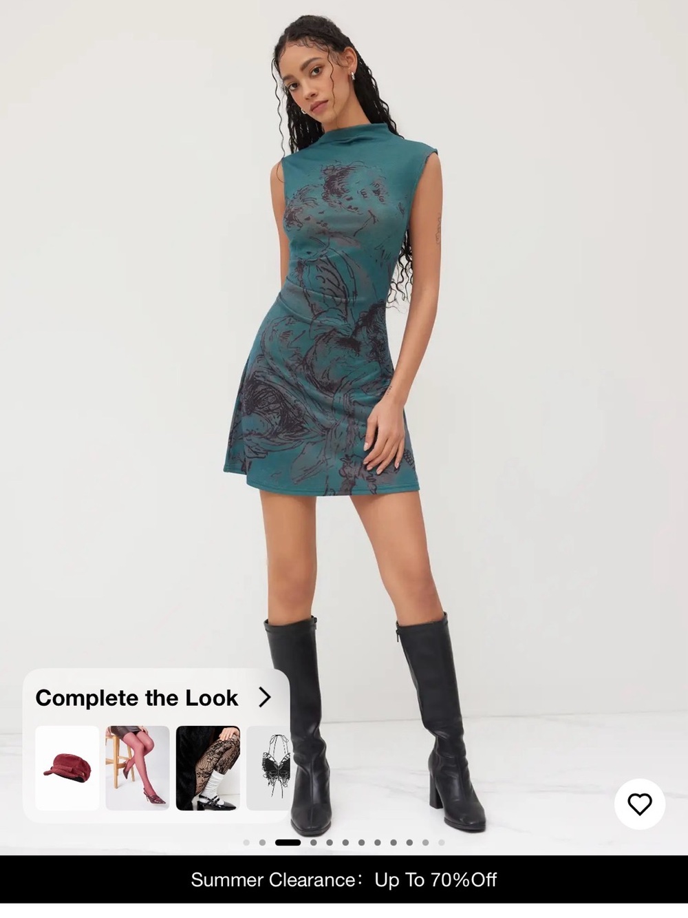 Sleeveless Teal Mock-Neck Mini Dress with Abstract Print (Cider)